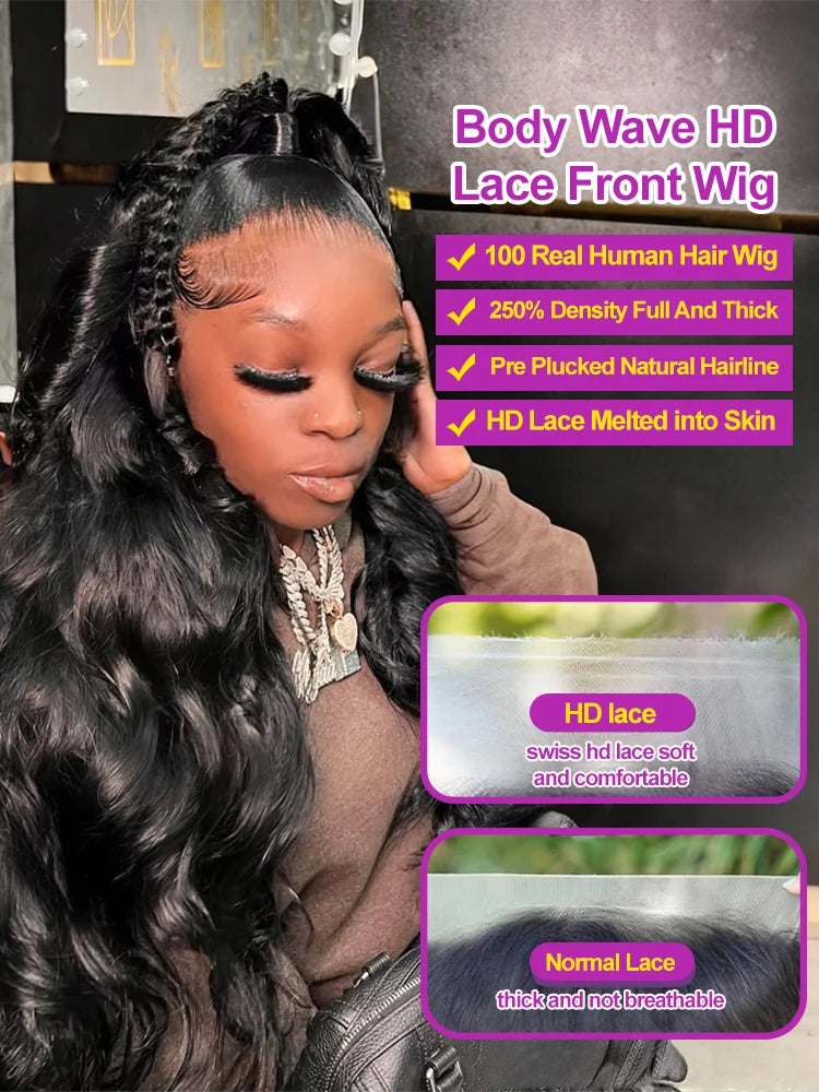 40 Inch Body Wave 13x6 360 Lace Front Human Hair Wigs Brazilian Water Wavy 300% Density Water Wavy HD Lace Frontal Wig For Women