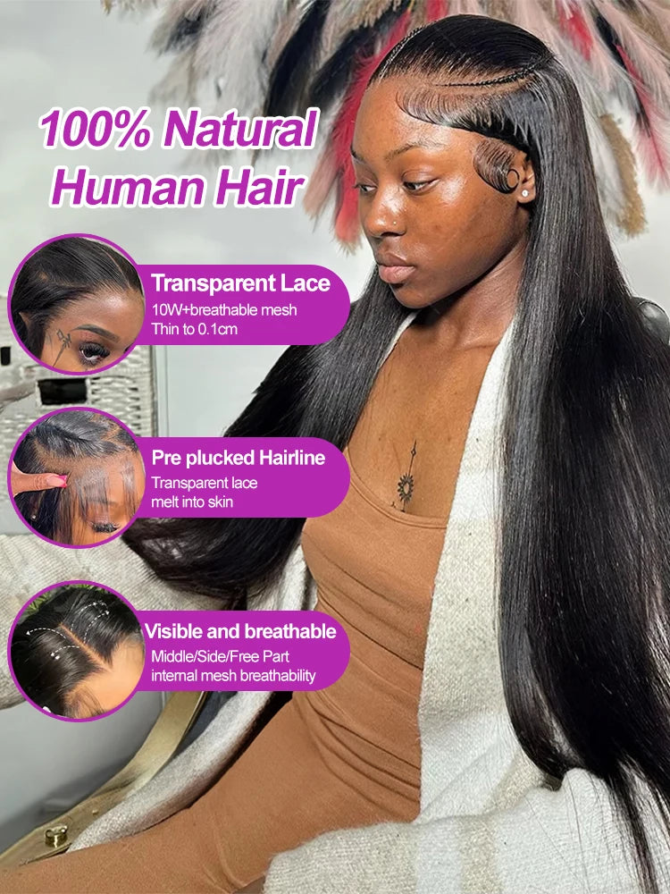 40 46 Inch 13x4 HD Lace Front Wig Brazilian Bone Straight Human Hair Wig For Women 300 Density 13x6 Transparent Lace Frontal Wig