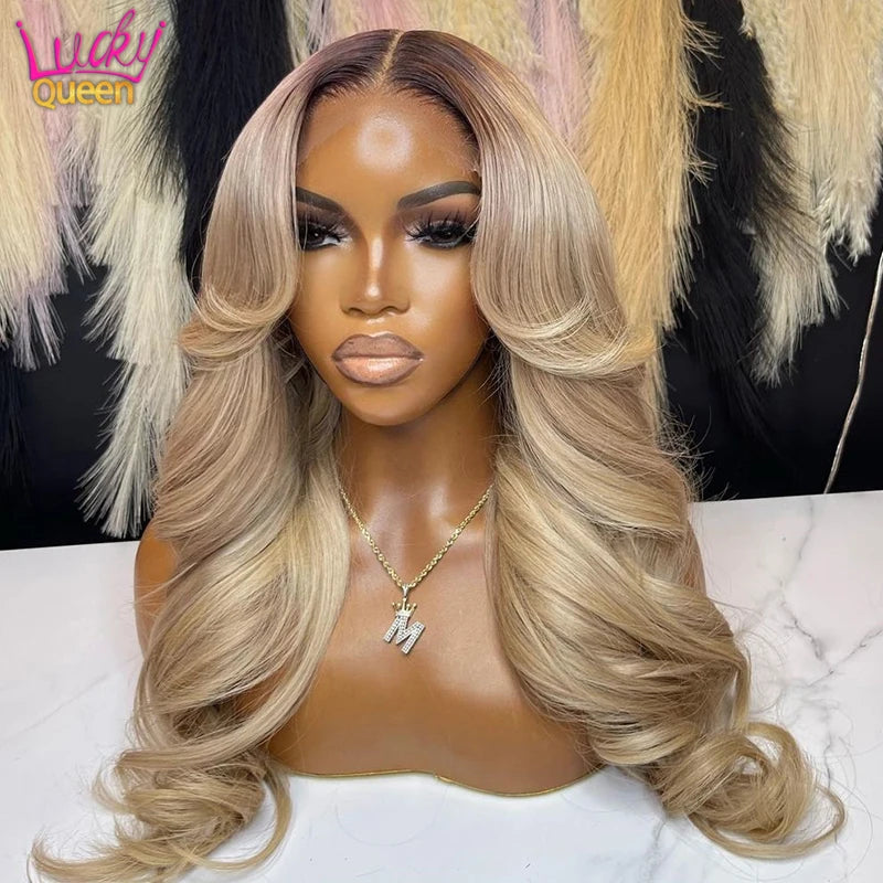 13X6 Ombre Blonde Colored Frontal Wig Human Hair for Women Transparent 13X6 Lace Front Human Hair Wig with Dark Root Pre Plucked
