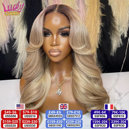13X6 Ombre Blonde Colored Frontal Wig Human Hair for Women Transparent 13X6 Lace Front Human Hair Wig with Dark Root Pre Plucked